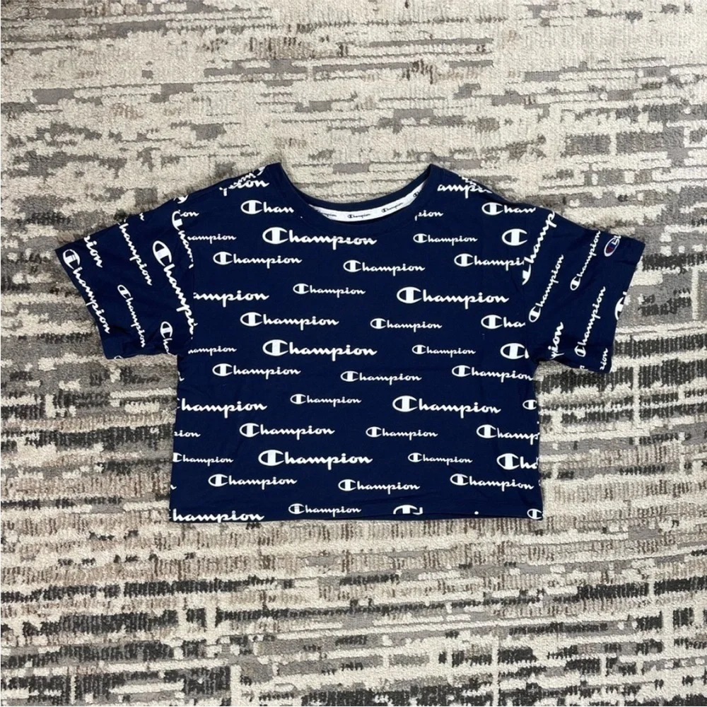 Champions Navy & White Box Cut Cotton Crewneck Cropped Mini Logo T-Shirt - Picture 7 of 8